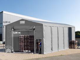 Opslagtent 8x24m met ophijsbare deur en dakvensters - 4,0m zijwandhoogte, PVC 850, met grondframe, grijs, zonder statica (zekerheidspluspakket) Opslagtent 8x24m met ophijsbare deur en dakvensters - 4,0m zijwandhoogte, PVC 850, met grondframe, grijs, zonder statica (zekerheidspluspakket)