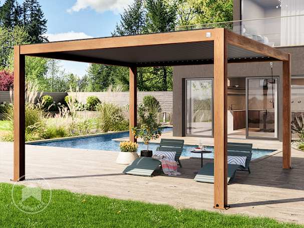 Pergola 4x4 m, lamellendak,
laklaag met houtoptiek Pergola 4x4 m, lamellendak,
laklaag met houtoptiek