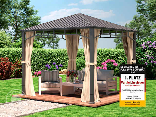 3x3 m Hardtop Gartenpavillon, inkl. 4 Seitenteile, champagnerfarben
