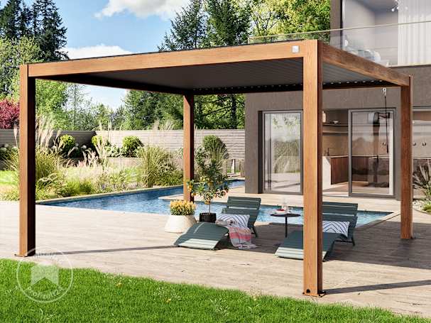 4x4m Pergola in Holzoptik; mit Lamellendach in Anthrazit