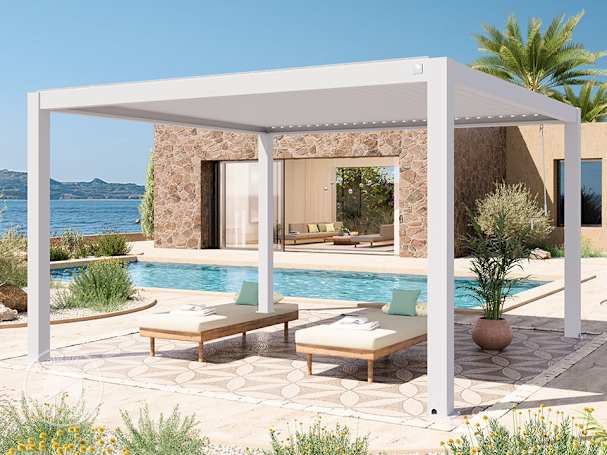 4x4m Pergola in weiß; mit Lamellendach in weiß