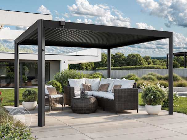 4x4m Pergola in anthrazit; mit Lamellendach in anthrazit