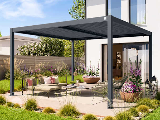 4x4m Pergola in Anthrazit; mit Lamellendach in Anthrazit