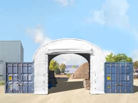 Frontwand für Container Überdachung 6m Breite mit Easy-up-Eingang, PRIMEtex 2300 PVC Plane, feuersicher, weiß