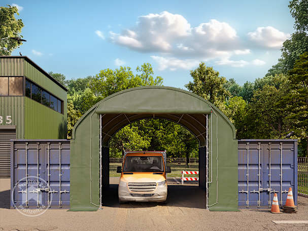 Frontwand für Container Überdachung 6m Breite mit Rolltor, PRIMEtex 2300 PVC Plane, dunkelgrün