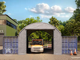 Frontwand für Container-Überdachung 10m Breite mit Easy-up-Eingang, PRIMEtex 2300 PVC Plane, grau