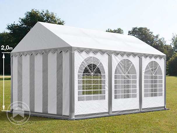 Parti sátor, 4x6m, PVC ponyva, szürke-fehér, padlókerettel