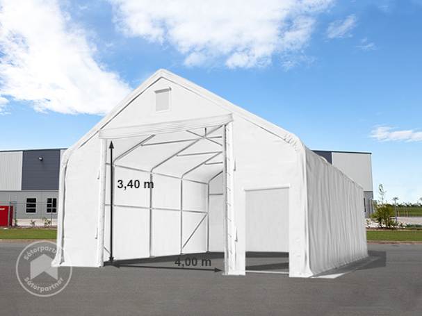 Ponyva csarnok, 8x16m, PRIMEtex-ponyva, fehér, statikai megerősítéssel (föld alap)