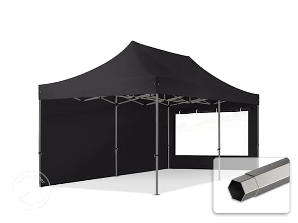 Összecsukható pavilon, acél, 3x6m, 2 oldalpanellel együtt, fekete Összecsukható pavilon, acél, 3x6m, 2 oldalpanellel együtt, fekete