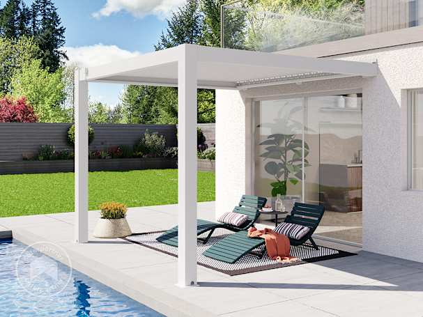 3x3 m Falhoz rögzíthető Pergola fehér, Lamellás tetővel fehér 3x3 m Falhoz rögzíthető Pergola fehér, Lamellás tetővel fehér