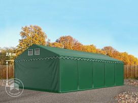 Skladový stan 5x10 m, plachta z PVC, tmavě zelená, se spodním rámem, bez sady Statika Skladový stan 5x10 m, plachta z PVC, tmavě zelená, se spodním rámem, bez sady Statika