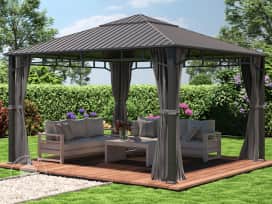 Zahradní altán 4x4 m, pevná střecha, vč. 4 závěsů, loft grey Zahradní altán 4x4 m, pevná střecha, vč. 4 závěsů, loft grey