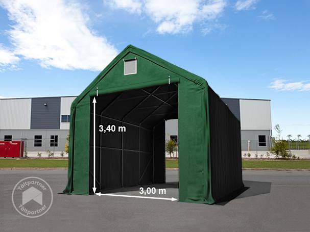 5 x 8 m tälthall - 3,0 m sidohöjd med 3,0x3,4 m port, PVC mörkgrön, inkl. hållfasthet (underlag: jord) 5 x 8 m tälthall - 3,0 m sidohöjd med 3,0x3,4 m port, PVC mörkgrön, inkl. hållfasthet (underlag: jord)