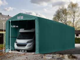 Garagetält 4x16 m - 3,35 m sidohöjd med 3,5x3,5 m port, PRIMEtex 2300, mörkgrön, inkl. hållfasthet (underlag: jord) Garagetält 4x16 m - 3,35 m sidohöjd med 3,5x3,5 m port, PRIMEtex 2300, mörkgrön, inkl. hållfasthet (underlag: jord)