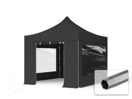 3x3 m snabbtält, Premium stål, med sidodelar (panoramafönster), svart 3x3 m snabbtält, Premium stål, med sidodelar (panoramafönster), svart