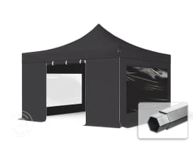 4x4 m snabbtält, Professional aluminium, med sidodelar (panoramafönster), svart