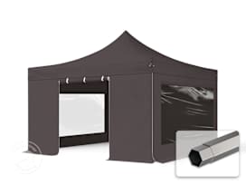 4x4 m snabbtält, Premium stål, med sidodelar (panoramafönster), mörkgrå