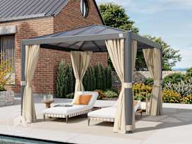 Hardtop paviljong 3x3m, inkl. 4 gardiner, champagne