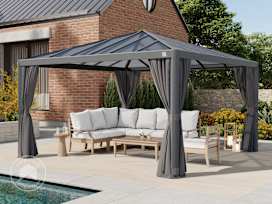 Hardtop paviljong 4x4m, inkl. 4 gardiner, loft grey