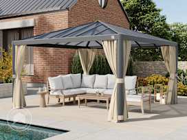 Hardtop paviljong 4x4m, inkl. 4 gardiner, champagne