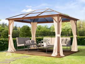 3x4m, hardtop havepavillon, inkl. 4 sidegardiner, champagnefarvet