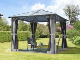 3x3m, hardtop havepavillon, inkl. 4 sidegardiner, grå