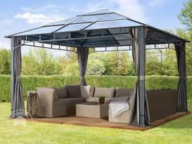 4x4m, hardtop havepavillon, inkl. 4 sidegardiner, loft grå
