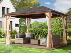 3x4m, hardtop havepavillon, inkl. 4 sidegardiner, champagnefarvet
