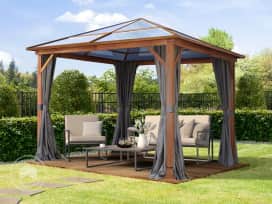 3x3m, hardtop havepavillon, inkl. 4 sidegardiner, loft grå