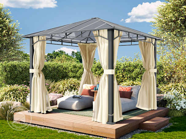 3x3m, hardtop havepavillon, inkl. 4 sidegardiner, champagnefarvet