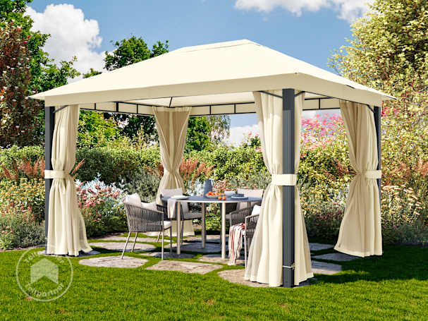 3x4m, tagdug havepavillon, inkl. 4 sidegardiner, champagnefarvet 3x4m, tagdug havepavillon, inkl. 4 sidegardiner, champagnefarvet