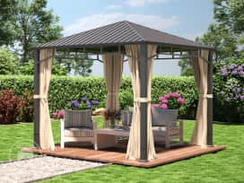 3x3m, hardtop havepavillon, inkl. 4 sidegardiner, champagnefarvet 3x3m, hardtop havepavillon, inkl. 4 sidegardiner, champagnefarvet