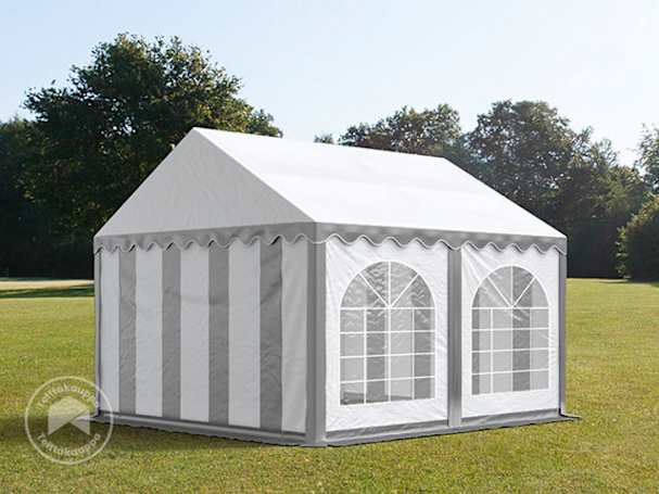 4x4m juhlateltta, PVC-peite, harmaavalkoinen, maarungolla