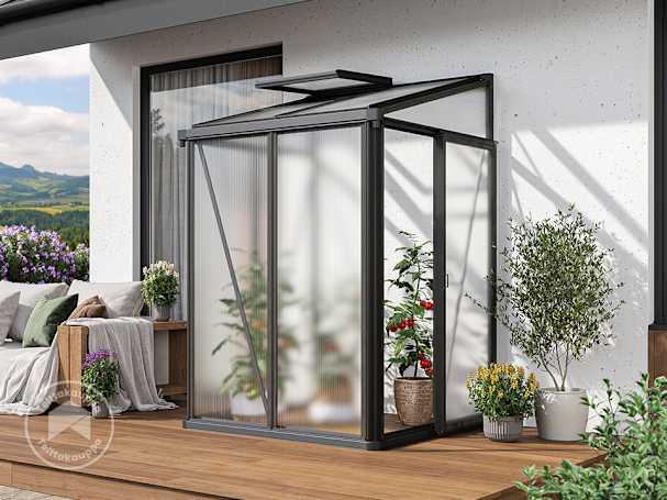 Seinäkasvihuone 137x132 cm, antrasiitinharmaa jauhemaalattu, RAL 7016 Seinäkasvihuone 137x132 cm, antrasiitinharmaa jauhemaalattu, RAL 7016