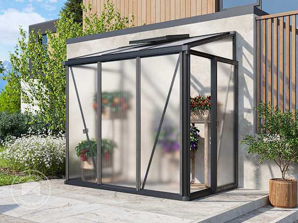 Seinäkasvihuone 199x132 cm, antrasiitinharmaa jauhemaalattu, RAL 7016 Seinäkasvihuone 199x132 cm, antrasiitinharmaa jauhemaalattu, RAL 7016