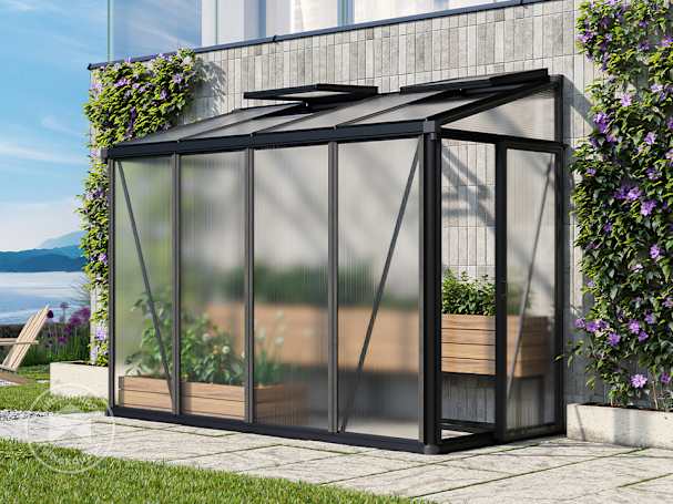 Seinäkasvihuone 263x132 cm, antrasiitinharmaa jauhemaalattu, RAL 7016 Seinäkasvihuone 263x132 cm, antrasiitinharmaa jauhemaalattu, RAL 7016