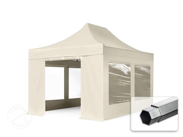 3x4,5m Alumiini pop-up teltta, sis. 4 sivuseinää, kermanvärinen 3x4,5m Alumiini pop-up teltta, sis. 4 sivuseinää, kermanvärinen
