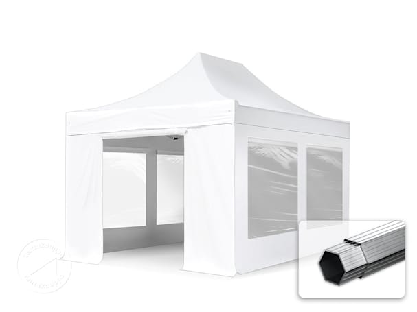3x4,5m Alumiini pop-up teltta, sis. 4 sivuseinää, valkoinen 3x4,5m Alumiini pop-up teltta, sis. 4 sivuseinää, valkoinen