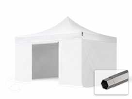 4x4m Teräs pop-up teltta, sis. 4 sivuseinää, valkoinen 4x4m Teräs pop-up teltta, sis. 4 sivuseinää, valkoinen