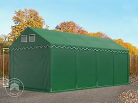 4x8 m lagertelt, PVC-presenning, mørkegrønn, med bunnramme, uten statikk 4x8 m lagertelt, PVC-presenning, mørkegrønn, med bunnramme, uten statikk