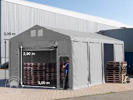 5x8 m lagertelt, PVC-presenning, grå, med bunnramme, uten statikk 5x8 m lagertelt, PVC-presenning, grå, med bunnramme, uten statikk