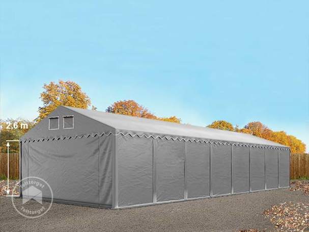 5x16 m lagertelt, PVC-presenning, grå, med bunnramme, uten statikk 5x16 m lagertelt, PVC-presenning, grå, med bunnramme, uten statikk