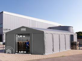 8x12 m lagertelt, PVC-presenning, grå, med bunnramme, uten statikk