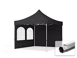3x3 m aluminium, pop up partytelt, 2 sidepaneler, svart