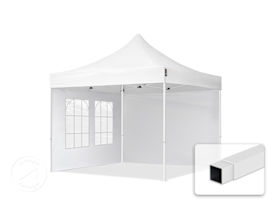 3x3 m stål, pop up partytelt, 2 sidepaneler, hvit