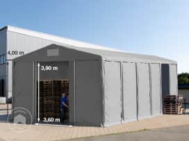 8x12m tenda capannone, altezza 4,0m porta scorrevole, PVC 850, grigio, con statica (sottofondo in terra)