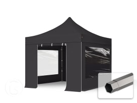 3x3m gazebo pieghevole con laterali (finestre panoramiche), PREMIUM acciaio, nero
