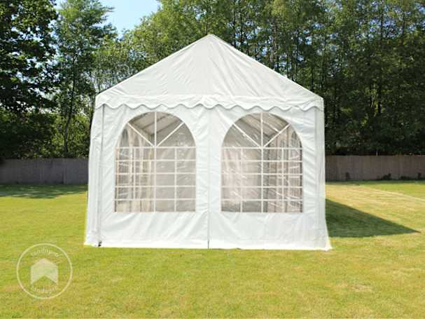 Paredes de frontão 4x2,6 m, PVC branco, com janelas e fecho de correr