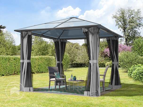 3x3 m Pavilhão de jardim Hardtop, com 4 paredes laterais, Cinzento 3x3 m Pavilhão de jardim Hardtop, com 4 paredes laterais, Cinzento