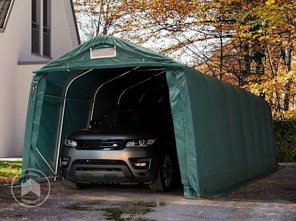 3,3x8,4m tenda garagem, lona PVC, Verde escuro, com estática (solo de terra) 3,3x8,4m tenda garagem, lona PVC, Verde escuro, com estática (solo de terra)